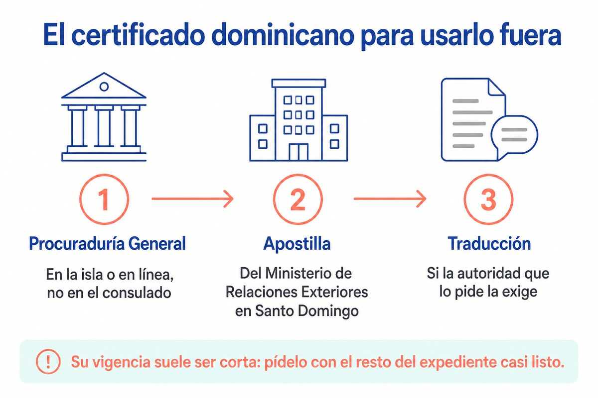El certificado dominicano para usarlo fuera: Procuraduría General; Apostilla; Traducción