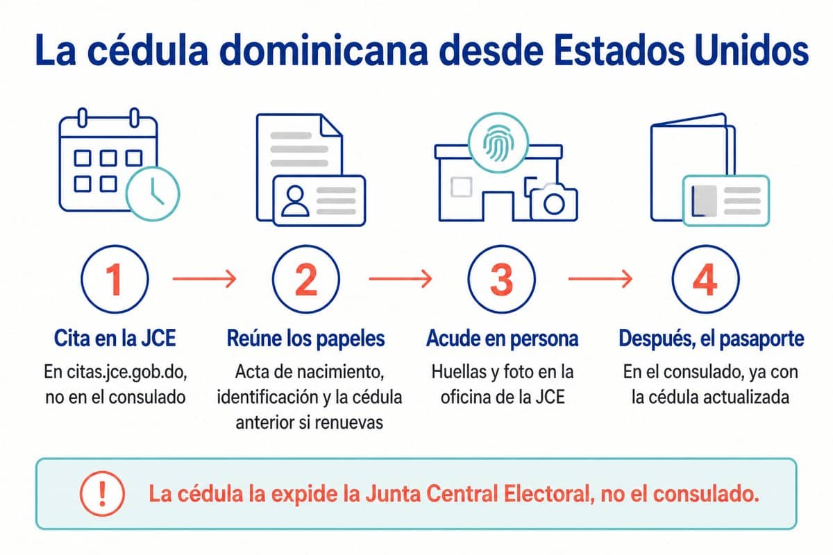 La cédula dominicana desde Estados Unidos: Cita en la JCE; Reúne los papeles; Acude en persona; Después, el pasaporte
