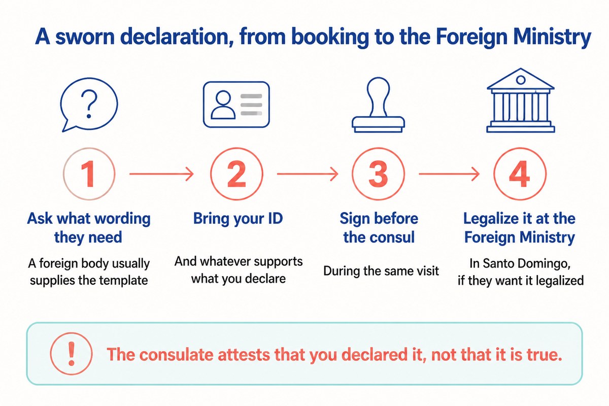 A sworn declaration, from booking to the Foreign Ministry: Ask what wording they need; Bring your ID; Sign before the consul; Legalize it at the Foreign Ministry