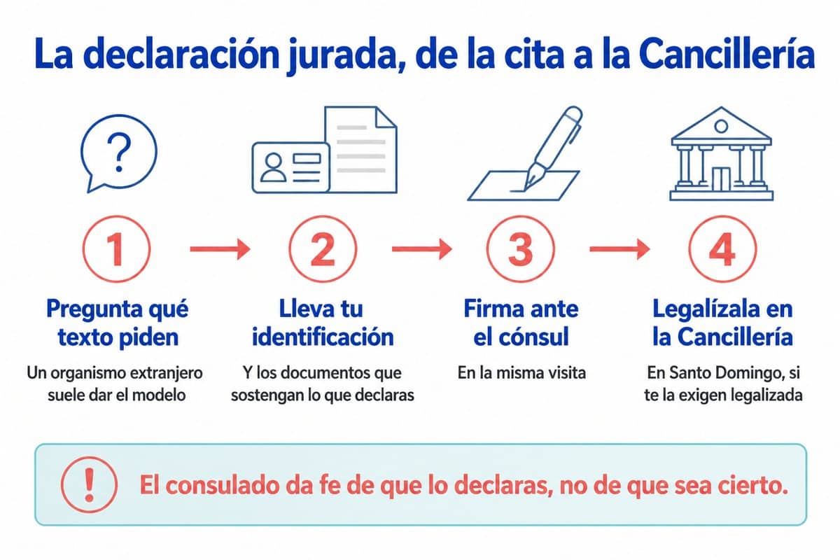 La declaración jurada, de la cita a la Cancillería: Pregunta qué texto piden; Lleva tu identificación; Firma ante el cónsul; Legalízala en la Cancillería