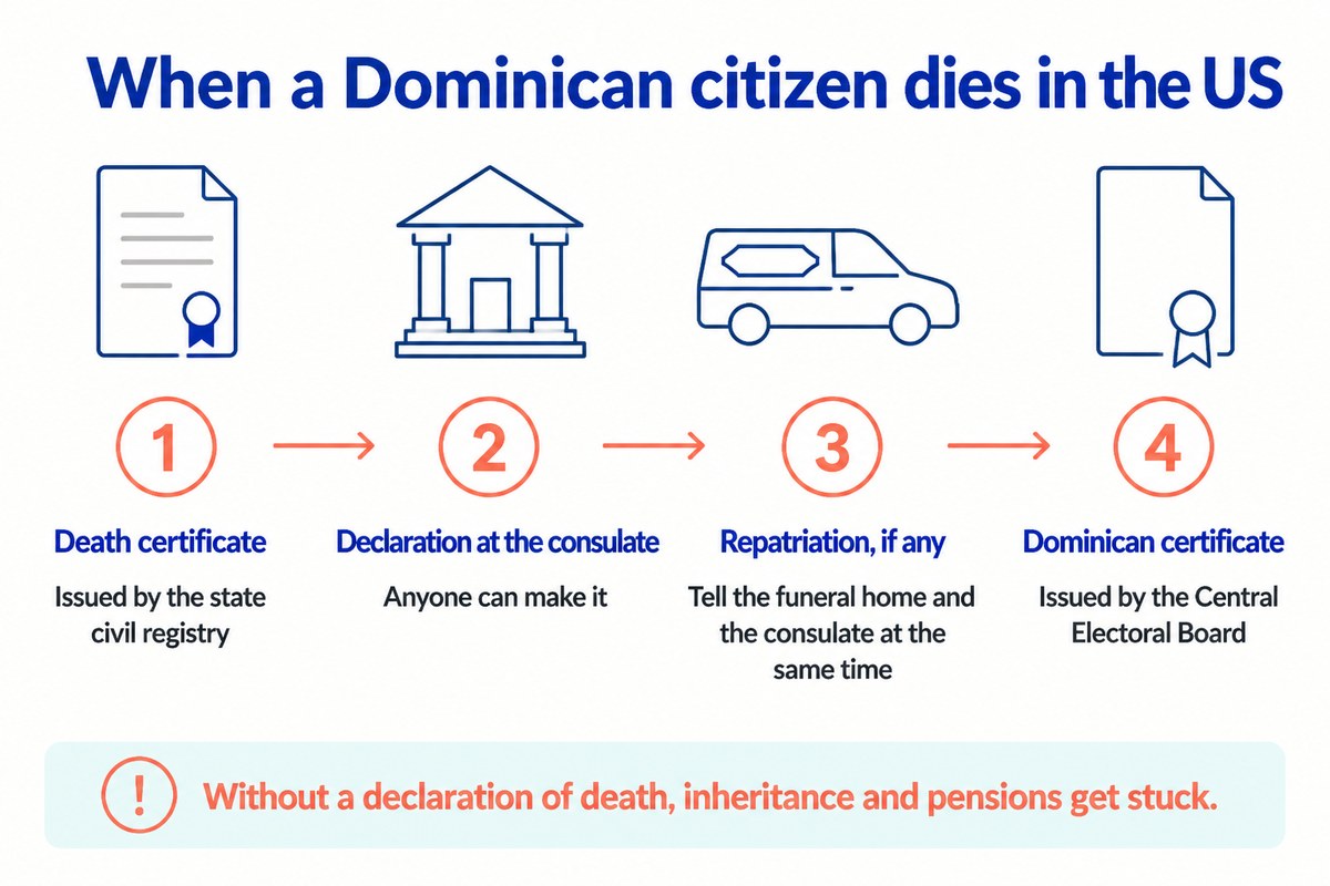 When a Dominican citizen dies in the US: Death certificate; Declaration at the consulate; Repatriation, if any; Dominican certificate
