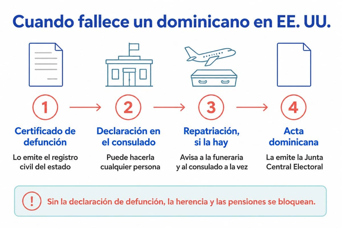 Cuando fallece un dominicano en EE. UU.: Certificado de defunción; Declaración en el consulado; Repatriación, si la hay; Acta dominicana