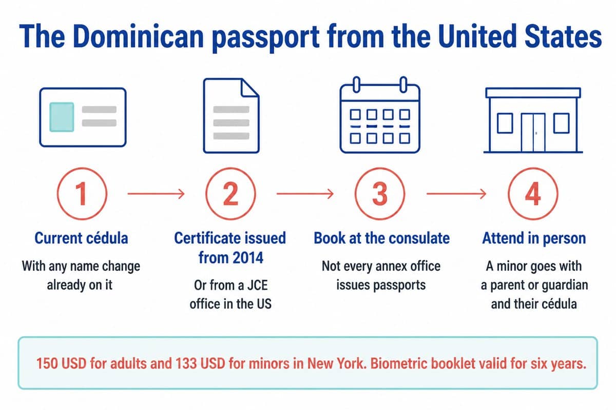 The Dominican passport from the United States: Current cédula; Certificate issued from 2014; Book at the consulate; Attend in person