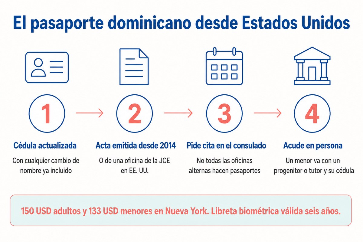 El pasaporte dominicano desde Estados Unidos: Cédula actualizada; Acta emitida desde 2014; Pide cita en el consulado; Acude en persona