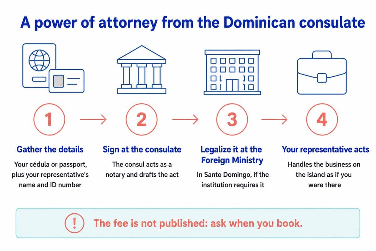 A power of attorney from the Dominican consulate: Gather the details; Sign at the consulate; Legalize it at the Foreign Ministry; Your representative acts