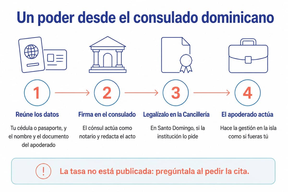 Un poder desde el consulado dominicano: Reúne los datos; Firma en el consulado; Legalízalo en la Cancillería; El apoderado actúa