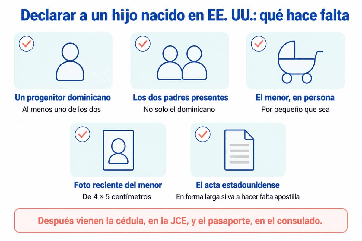 Declarar a un hijo nacido en EE. UU.: qué hace falta: Un progenitor dominicano; Los dos padres presentes; El menor, en persona; Foto reciente del menor; El acta estadounidense